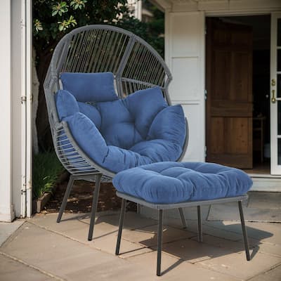 Outdoor Wicker Egg Chair with Ottoman Blue Cushion - Grey