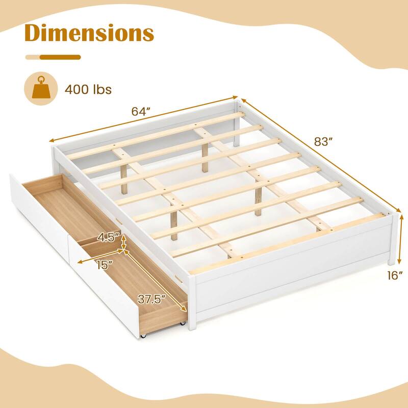 Costway Full/Queen Size Wooden Platform Bed with 2 Rolling Storage