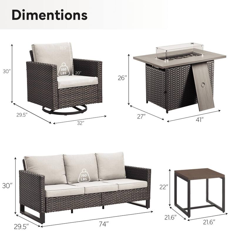 Outdoor Sofa Glider Chairs & Fire Table Brwon-Beige - Brown