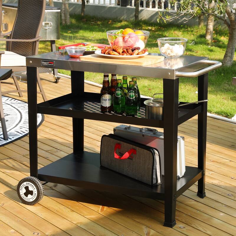 Royal Gourmet Movable 3-Shelf Grill Table with Removable Trash Bag Holder