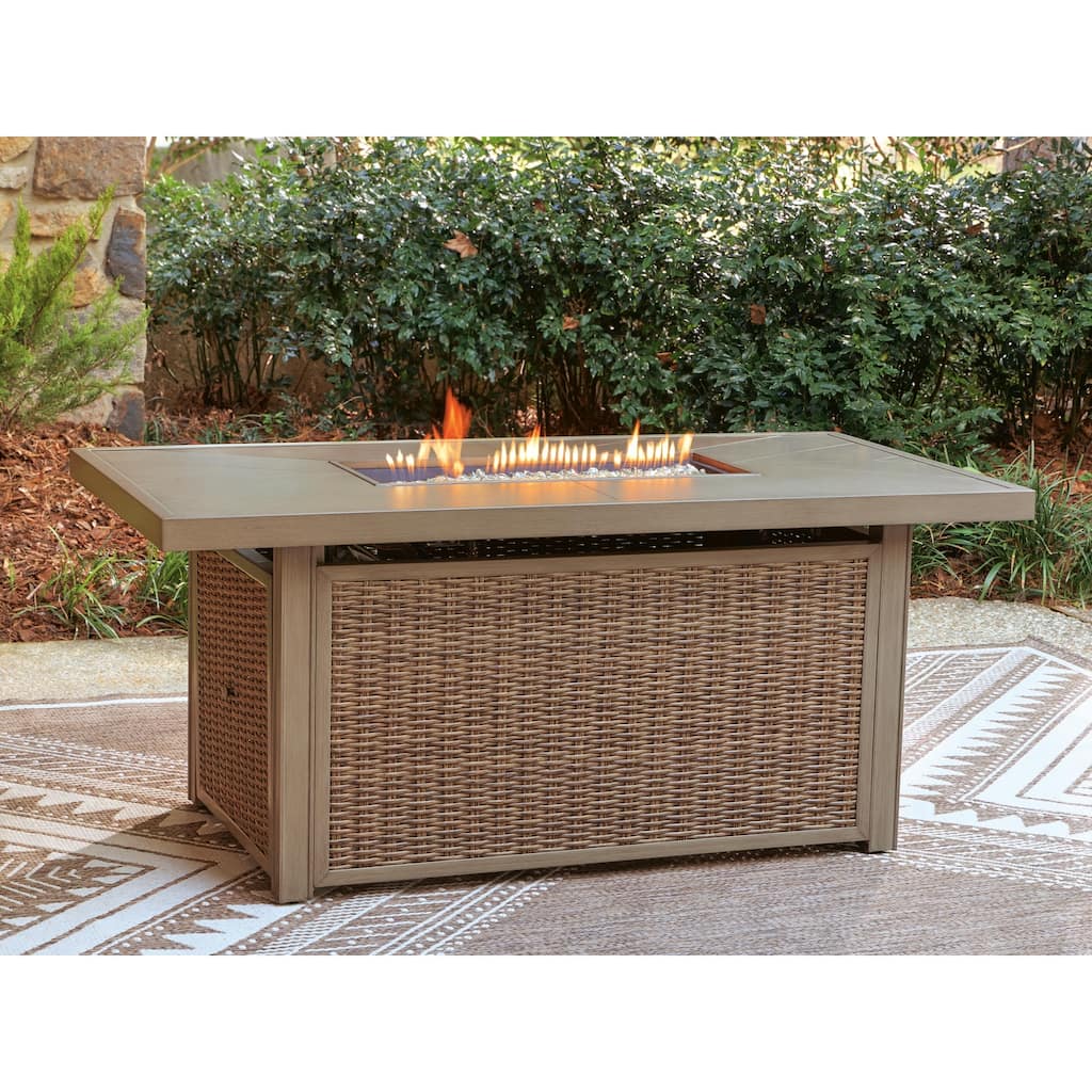 Signature Design by Ashley Carmel Bay Beige Outdoor Fire Pit Table - 58"W x 30"D x 26"H