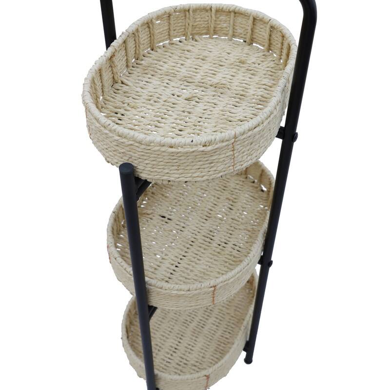 3 Tiers Tray Tables Paper Rope Woven Side Table for Living Room Kitchen Oval Storage Basket Small Shelves