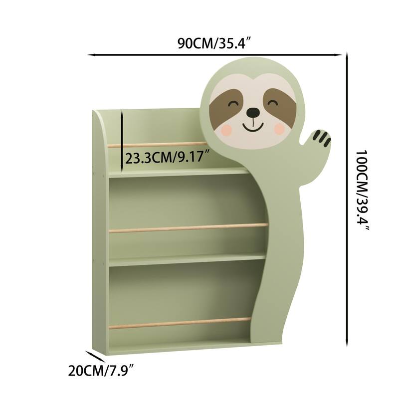 AnmytekSloth Kids Bookshelf, Front-Facing Toddler Book Display Rack with 3 Tiers, Cute Animal Design, Wooden Nursery Bookshelf