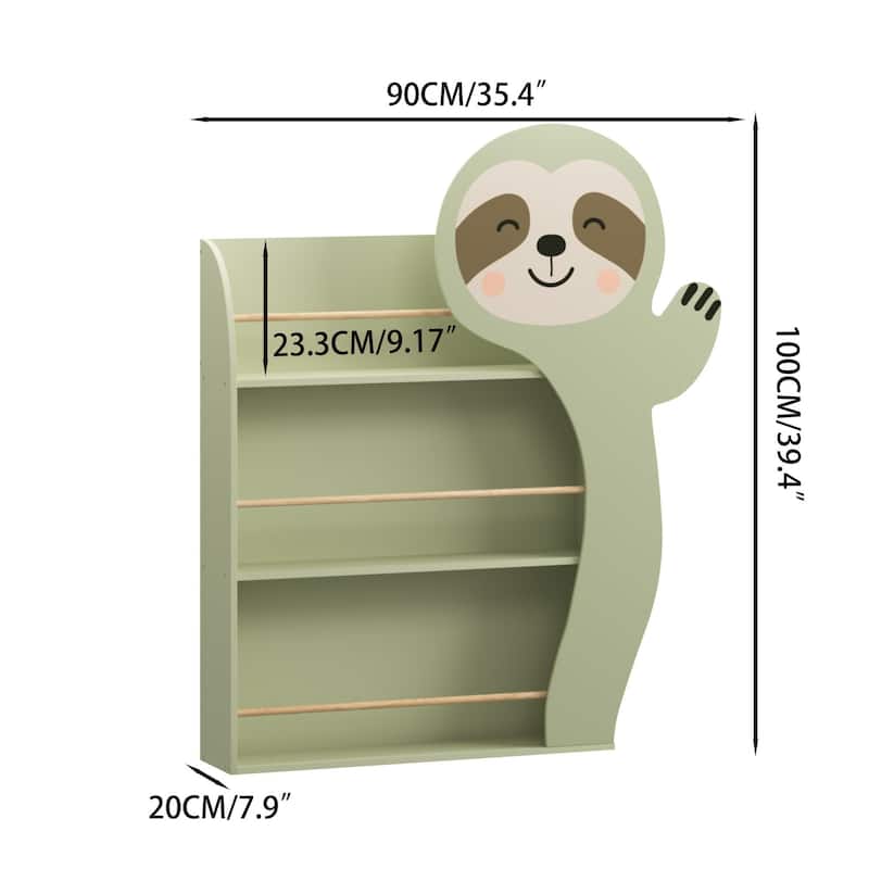 Sloth Kids Bookshelf, Front-Facing Toddler Book Display Rack with 3 Tiers, Cute Animal Design, Wooden Nursery Bookshelf
