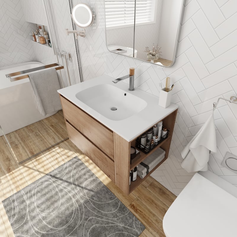Modland 30" Wall-Mount Vanity with Gel Sink & Soft-Close Drawers - Adjustable Shelf, Brown/Imitative Oak - 30 Inch