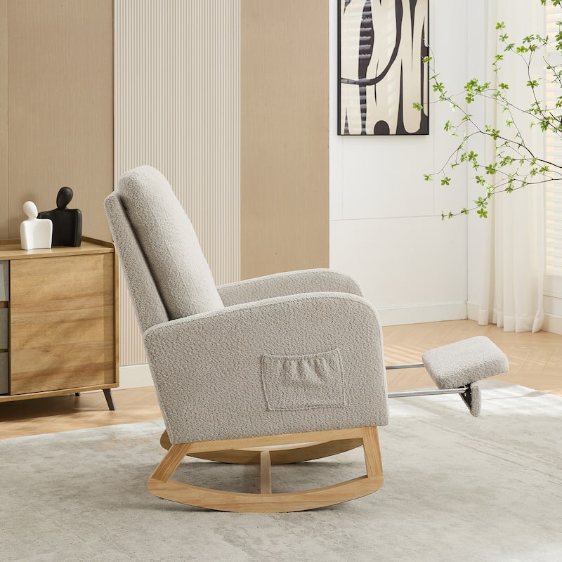Light Gray Nursery Rocking Chair High Back Glider Chair Armchair with Retractable Footrest and Side Pocket