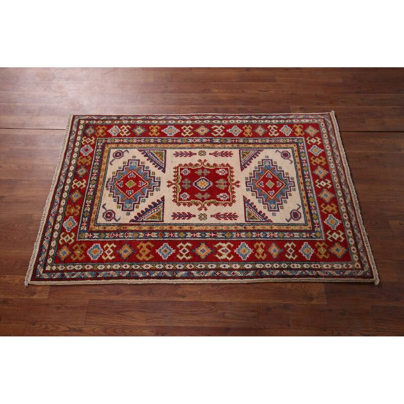 Geometric Kazak Oriental Foyer Rug Hand-Knotted Beige Wool Carpet - 2'9" x 4'3"