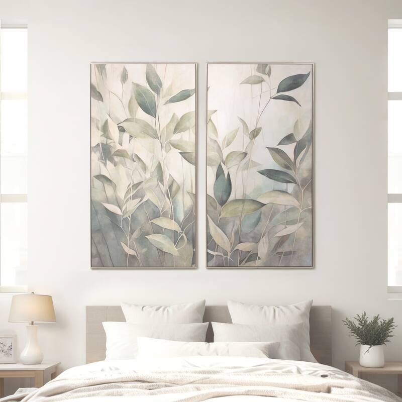 Wood Canvas Framed Art Modern Glam Leaf Design (Set of 2) - 50" Tan - Wood - 25" x 2" x 50" - Natural