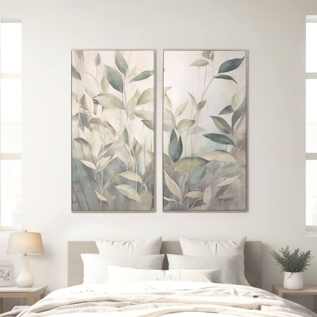 Wood Canvas Framed Art Modern Glam Leaf Design (Set of 2) - 50" Tan