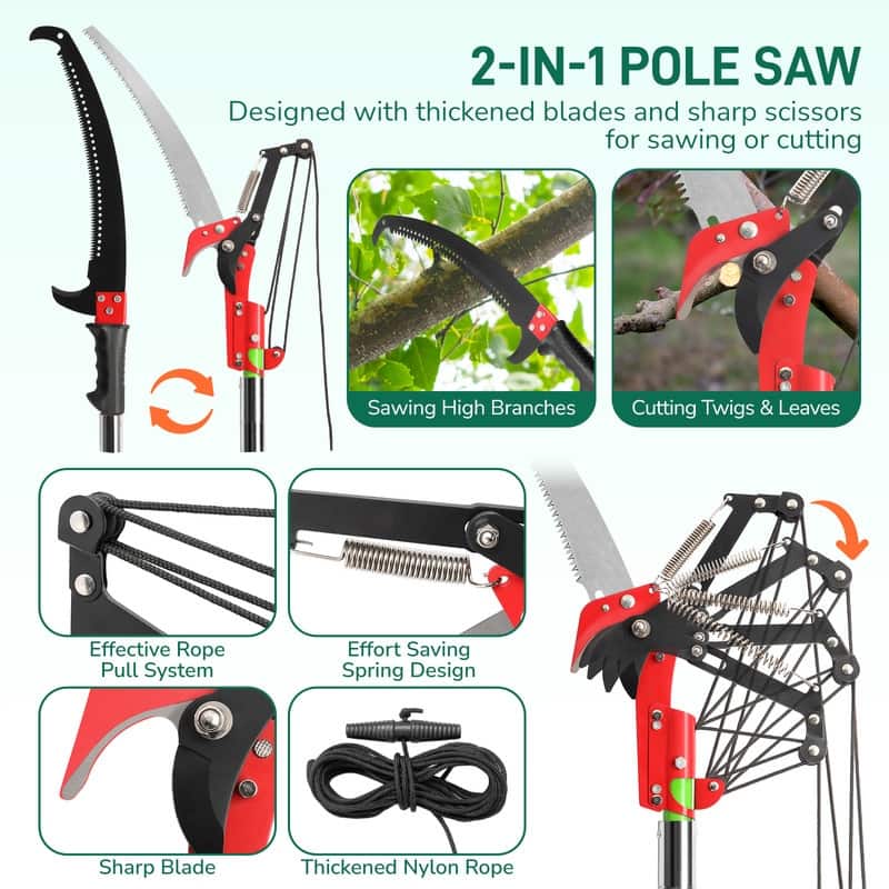 26FT Manual Pole Saw, Lightweight Tree Trimmers Long Handle Pruner Set Green.