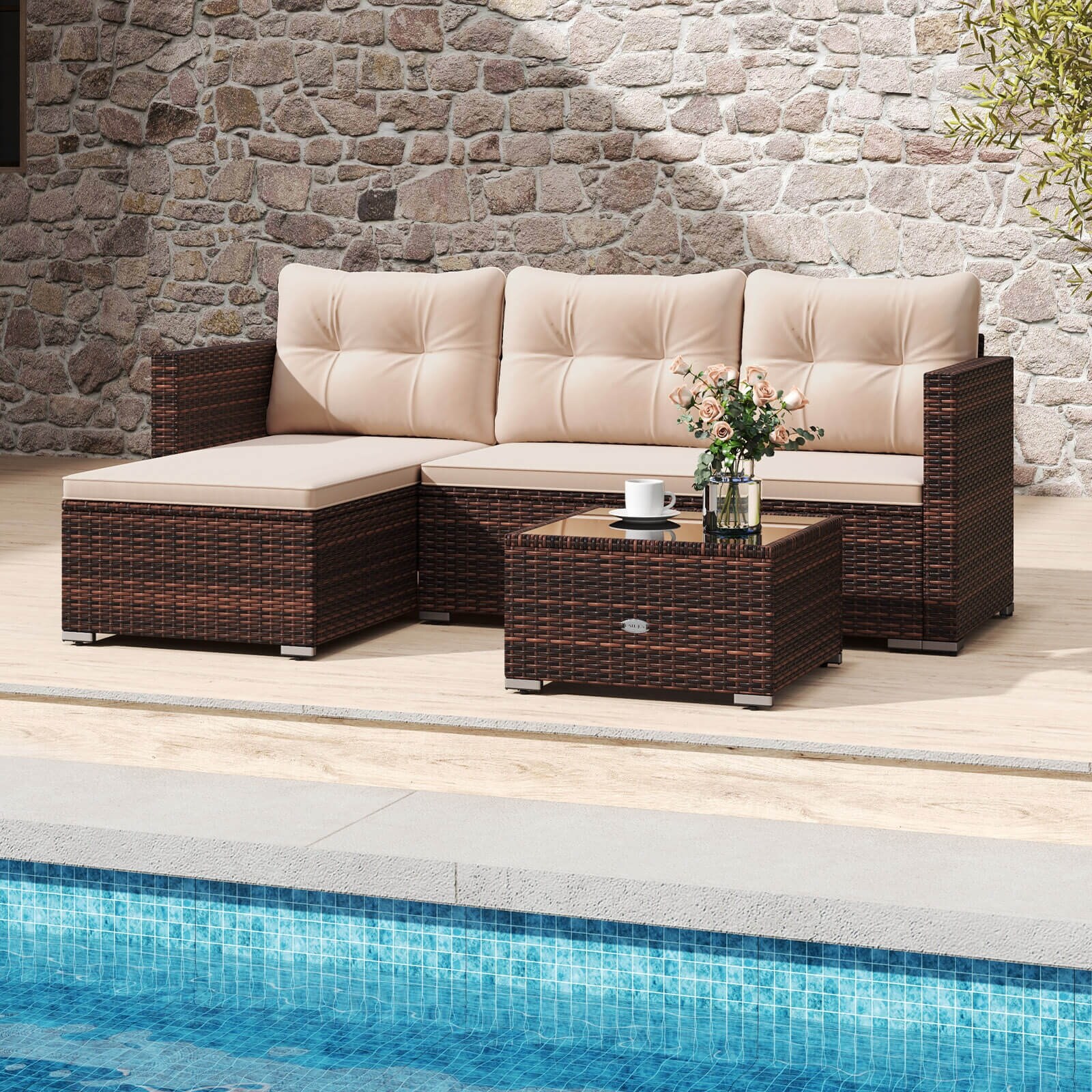 Costway 4 Seats Outdoor Wicker Furniture Set with Tempered Glass - See Details