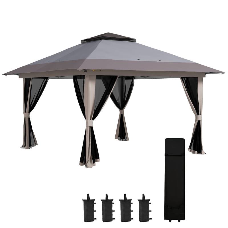 Outsunny 13' x 13' Pop Up Gazebo with Netting, Foldable Patio Canopy Tent with 2-Tier Roof, Adjustable Height Shelter