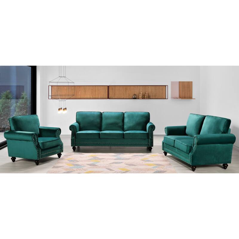Ramos Nailhead Velvet 3-Piece Set-Loveseat Sofa and Chair - Green