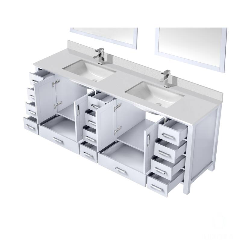 Jacques 84 in. W x 22 in. D White Double Bath Vanity, White Quartz Top, Faucet Set, and 34 in. Mirrors