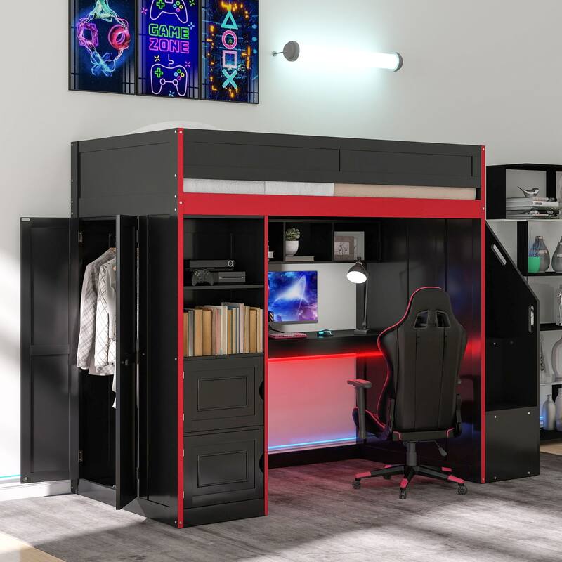GDFStudio - GameZone Modern Wooden Gaming Loft Bed with Desk, Storage and LED Lighting