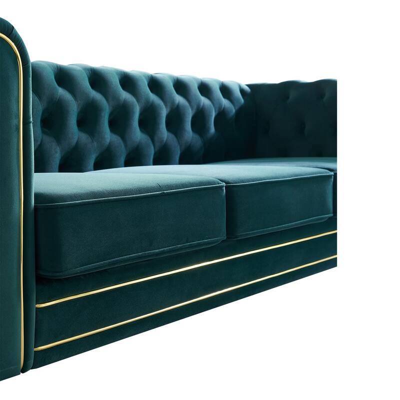 Velvet Chesterfield Sofa, 3-Seater with Rolled Arms, Tufted Back, Metal Legs for Living Room