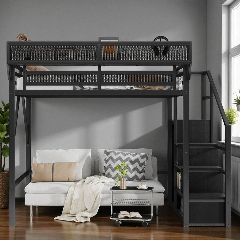 Full/Queen Size Metal Loft Bed with Stairs, Wardrobe, and Storage Shelves, High Loft Bed Frame for Kids and Teens