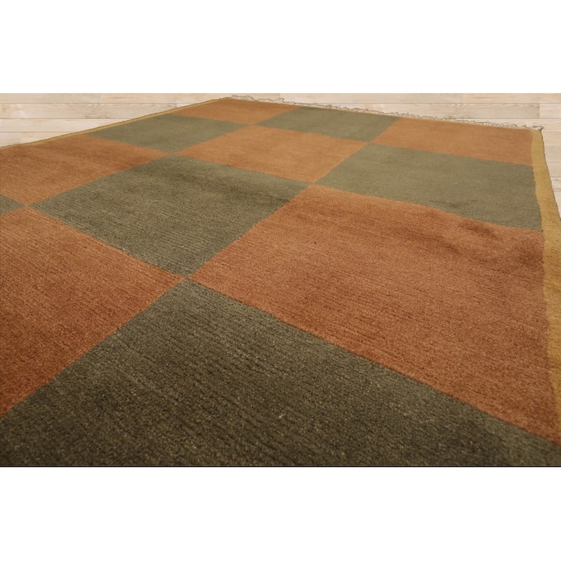 Hand Knotted Tibetan Brown Geometric Wool Modern Oriental Area Rug - 4' 1'' x 6'