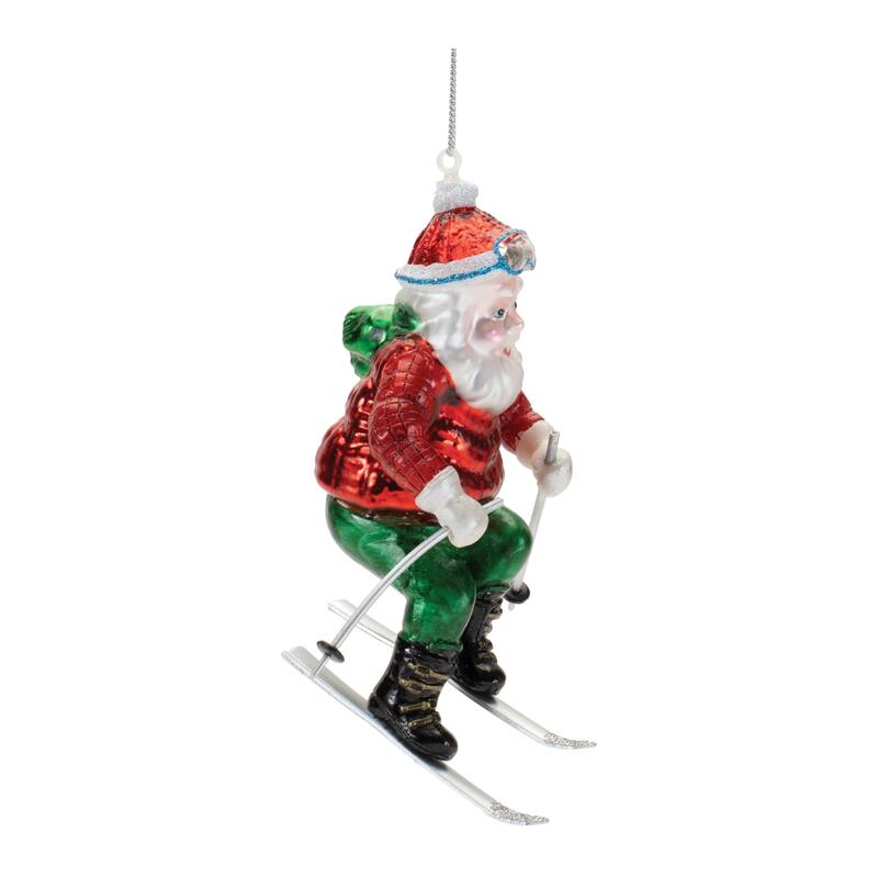 Santa Claus on Skis Glass Christmas Ornaments - 4.5" - Red and Green - 6ct