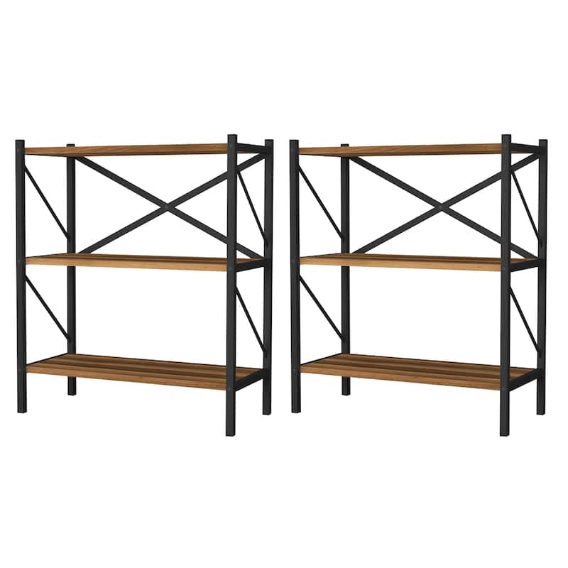 Gymax 2PCS 3-Tier Bookshelf Industrial Bookcase w/ Heavy-Duty Metal - Brown