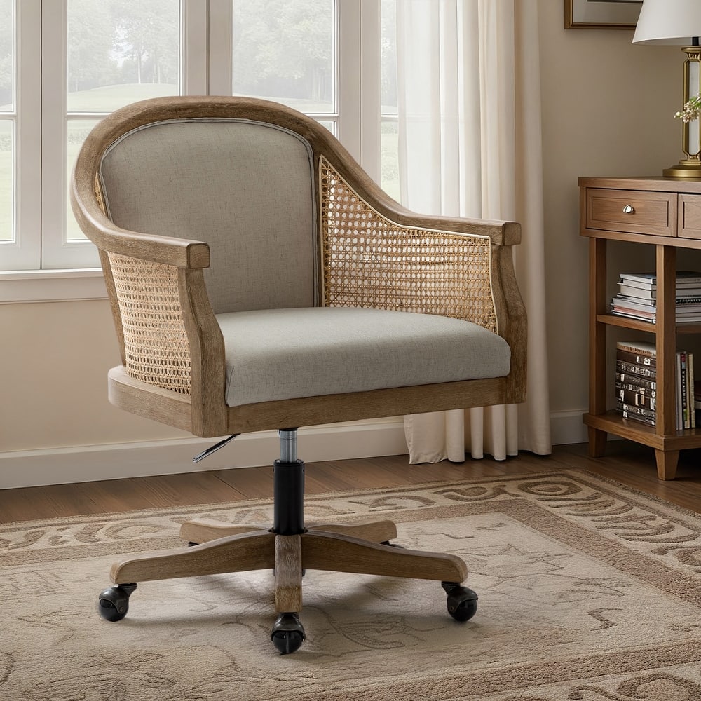 Danilo Farmhouse 360 Degree Swivel Height Adjustable Rattan Desk Chair with RubberWood by HULALA HOME