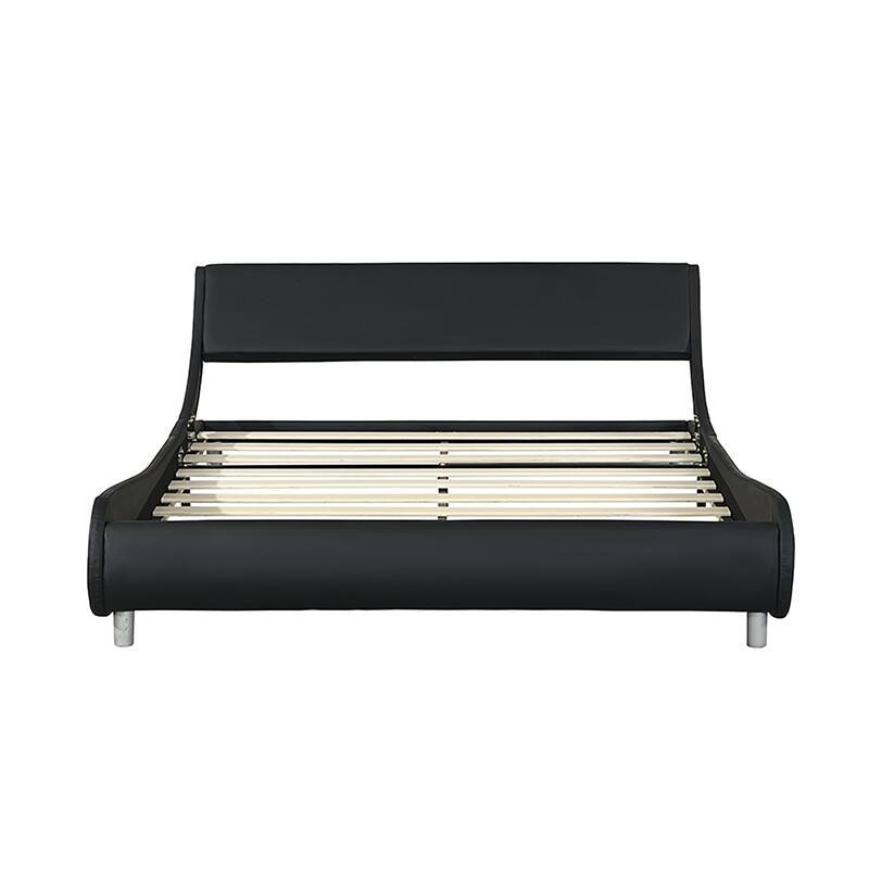 Queen Faux Leather Bed Frame with RGB LED Lighting, Remote/App Control, Wood Slat Support, Curved Design, No Box Spring Need