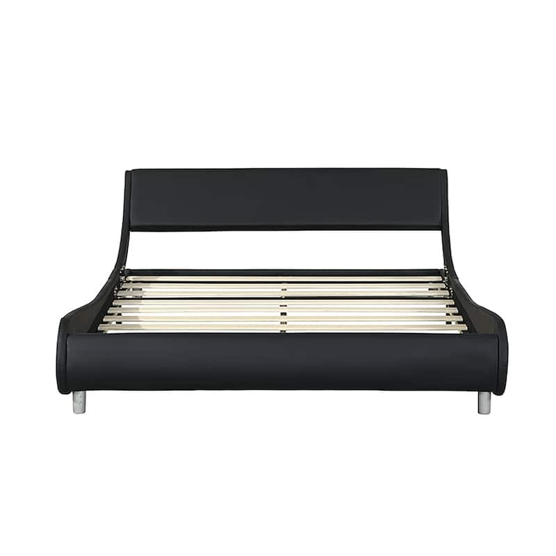 Queen Platform Bed Frame, Faux Leather Upholstery, LED Lighting, Curve Design,Black