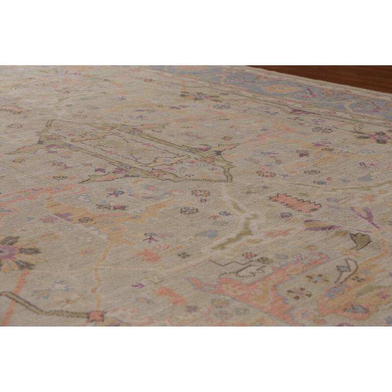 Hand Knotted Oriental 100% Wool Carpet Transitional All-Over Beige & Ivories Oushak Area Rug - 11' 9'' X 9' 1''