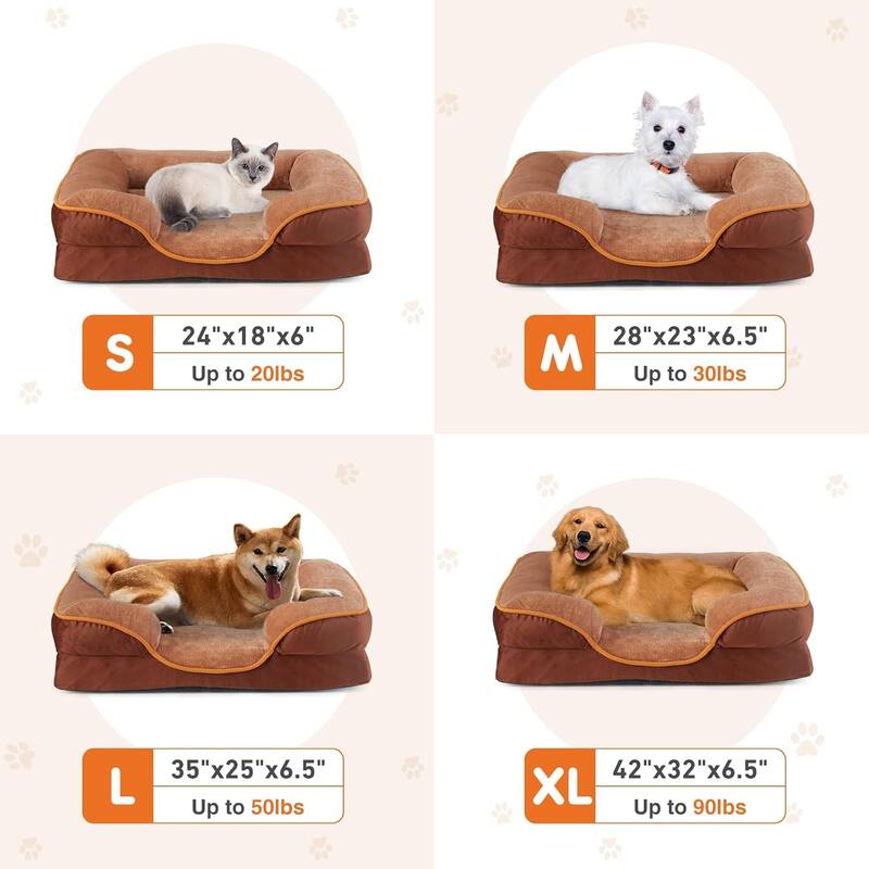 Small Dogs Dog Bed, Waterproof Memory Foam Pet Beds with Sides, Washable Removable Cover, Brown - 24"L x 18"W x 6.5"Th