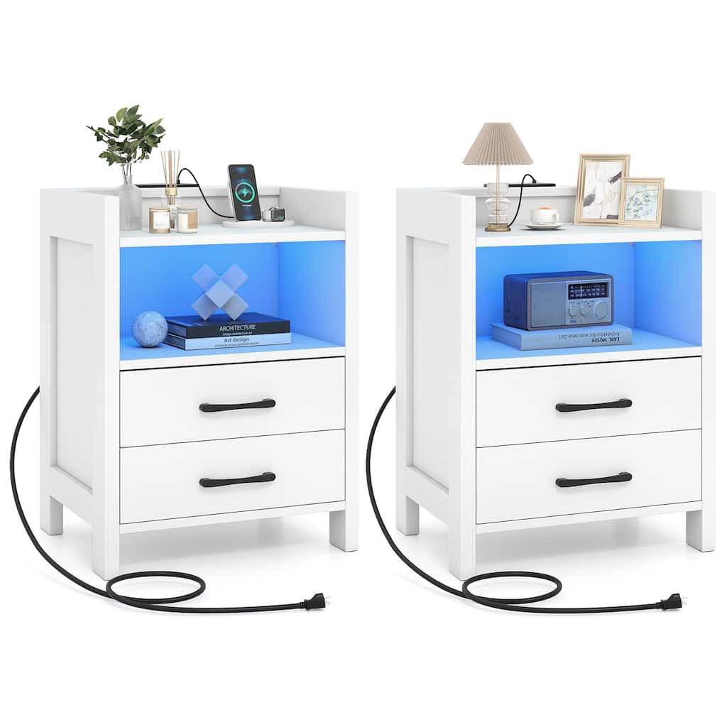 Gymax 2PCS 23.5'' Nightstand w/LED Lights & Charging Station USB Port - 2 pcs