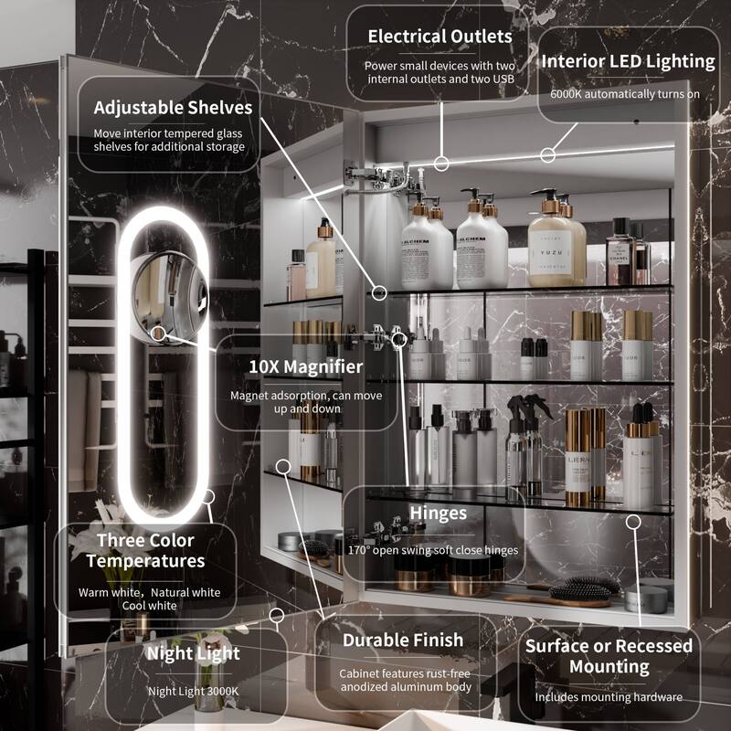 24*36 inch Bathroom LED Backlit Medicine Cabinet with Stepless Dimming & Anti-Fog