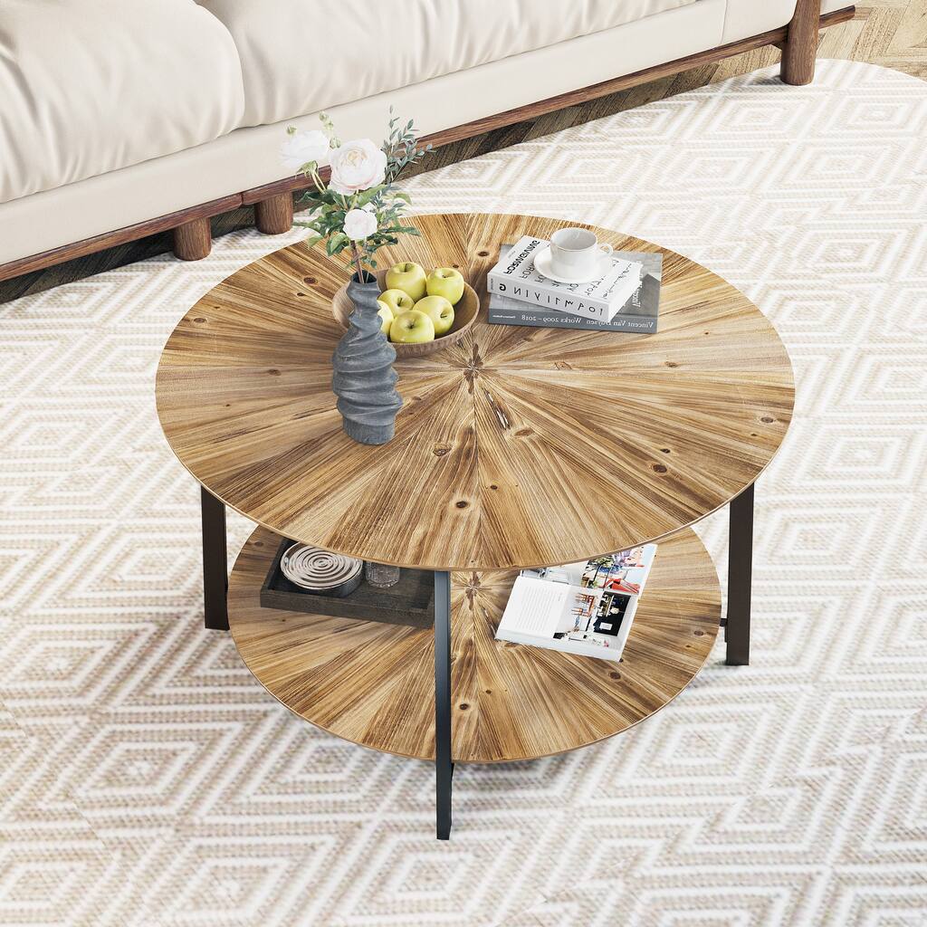 31.5 "Round Coffee Table,Stand Wooden Double Layer Coffee Table with Open Storage Space and Metal Table Legs