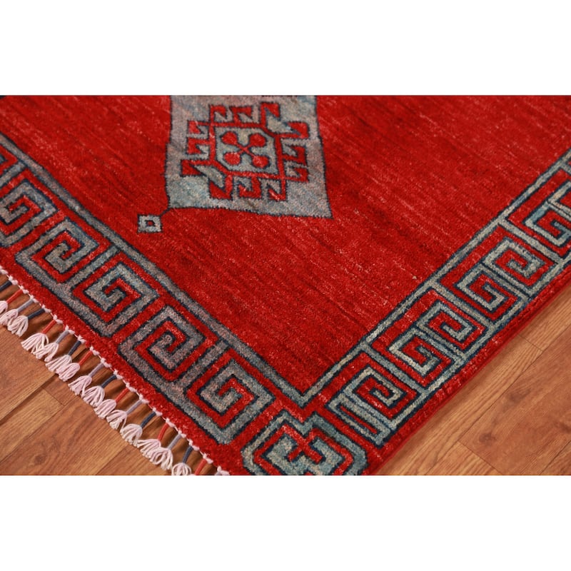 Hand Knotted Oriental 100% Wool Carpet Traditional Geometric Red Kazak Runner Rug - 14' 10'' X 2' 7''