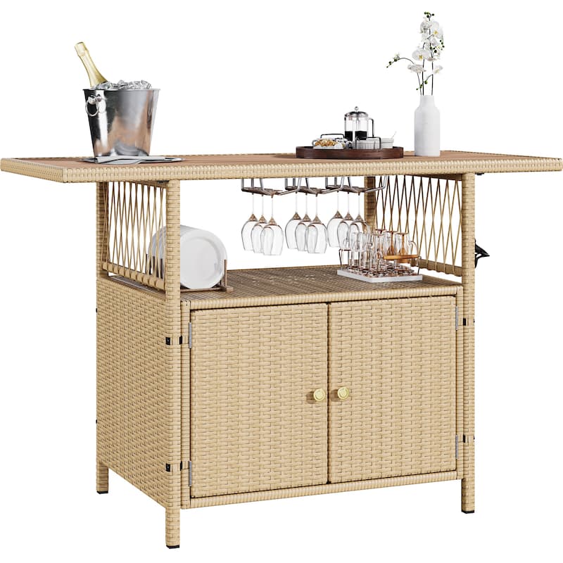 Moasis Outdoor Storage Cabinet Patio Wicker Bar Counter Backyard Furniture w/Plastic Wood Tabletop - 50.4"L x20.9"W x 33.9"H