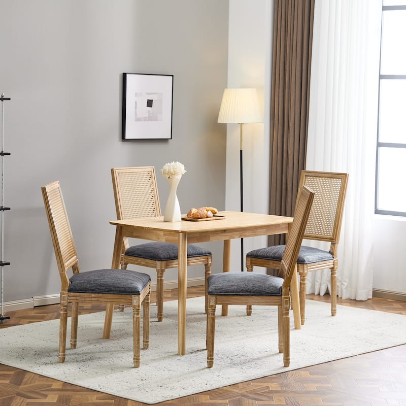 [Set of 4] French Country Dining Chairs - Elegant Cane Backrest & Upholstered Seats with Fluted Legs- Solid Rubberwood Frame