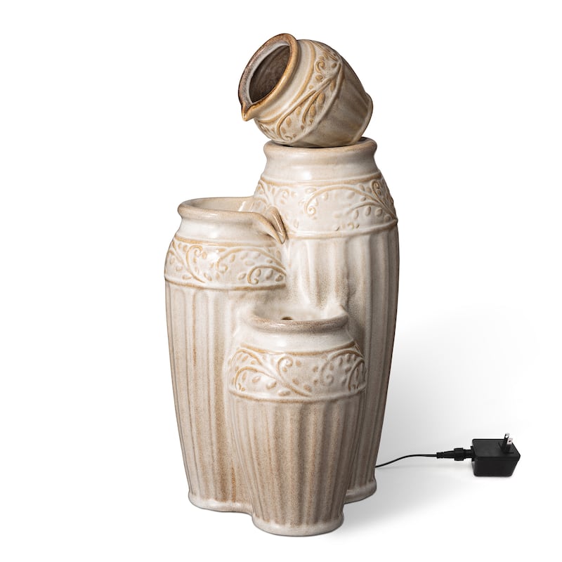 Glitzhome 27"H/35"H 4-Tier Embossed Pattern LED Ceramic Pots Fountain