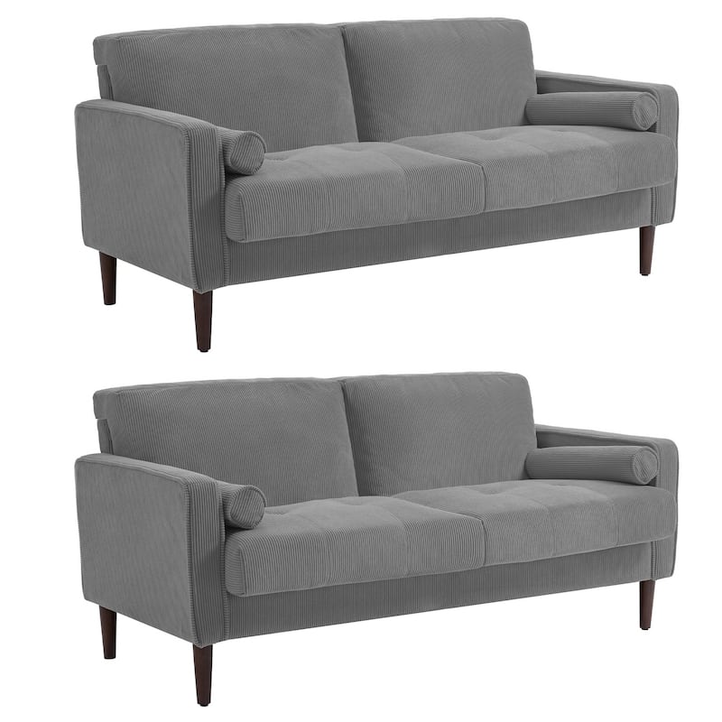 Modern Corduroy Upholstered Loveseat with Bolster Pillows and Wood Legs