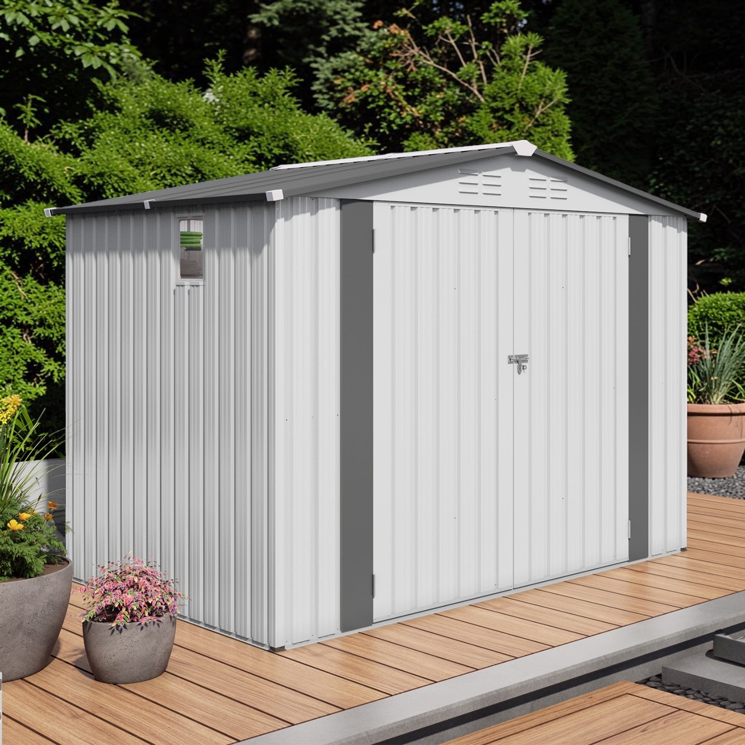8x6 FT Metal Storage Shed with Window, Outdoor Garden Tool Shed with Lockable Doors, Waterproof Roof