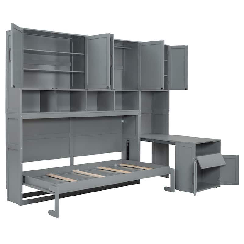 Space-Saving Twin Murphy Bed with Integrated Closet, Drawers & Desk in Gray