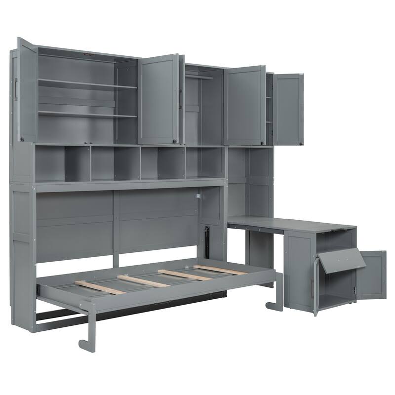 Twin Size Wall-Mounted Murphy Bed with Built-In Closet, Storage Drawers, and Desk - Multifunctional Design