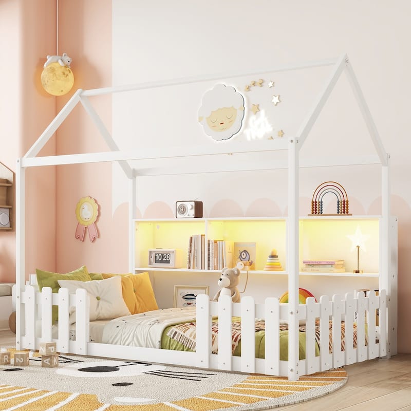GDF Studio - Fairmont Twin Montessori House Bed with LED Light and Storage Bookshelf - White