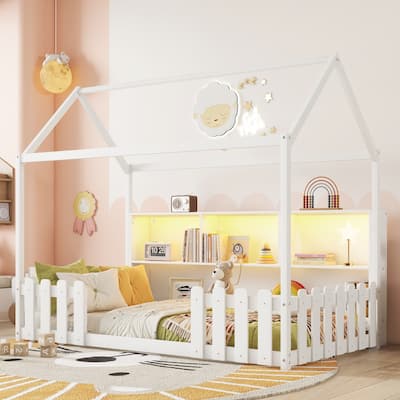House Bed with LED Storage Bookshelf and Guardrails