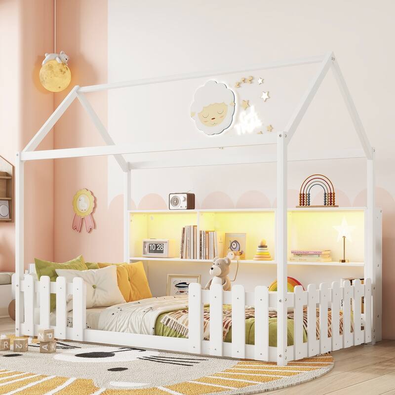 Twin Size House Bed with LED Light, Wood House Bed with Storage Bookshelf, Floor House Bed with Guardrails for Kid