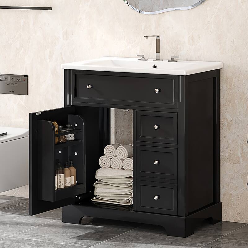 Modern 30-Inch Bathroom Vanity Cabinet with Ceramic Sink, 2 Drawers, and Door Shelf, White
