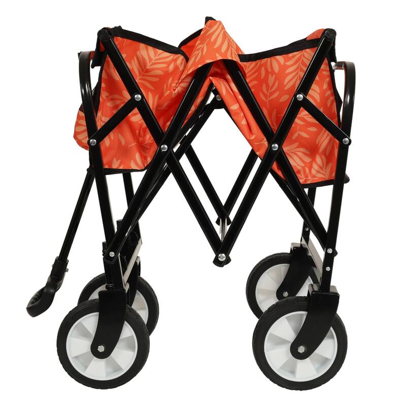 Patterned Collapsible Utility Wagon - Orange Leaf Design with Storage Straps, 225lb Capacity
