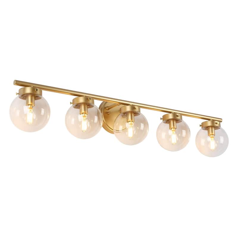Rella Modern Gold 5-Light Bathroom Vanity Lights Dimmable Globe Glass Wall Sconces - L 34.2" x D 6.3" x H 7.5"