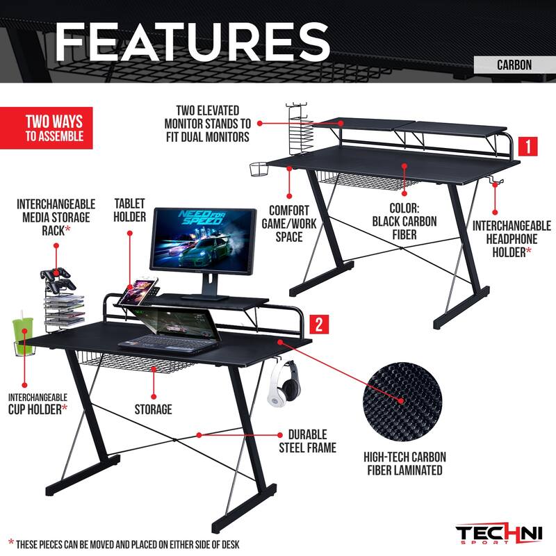 Techni Sport TS-200 Carbon Computer Gaming Desk with Shelving