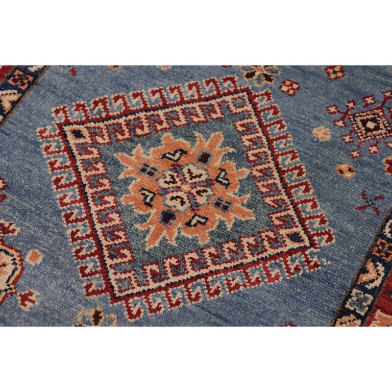 Caucasian Super Kazak Kiara Light Blue/Red Hand Knotted Wool Runner - 2'11'' x 9'8''