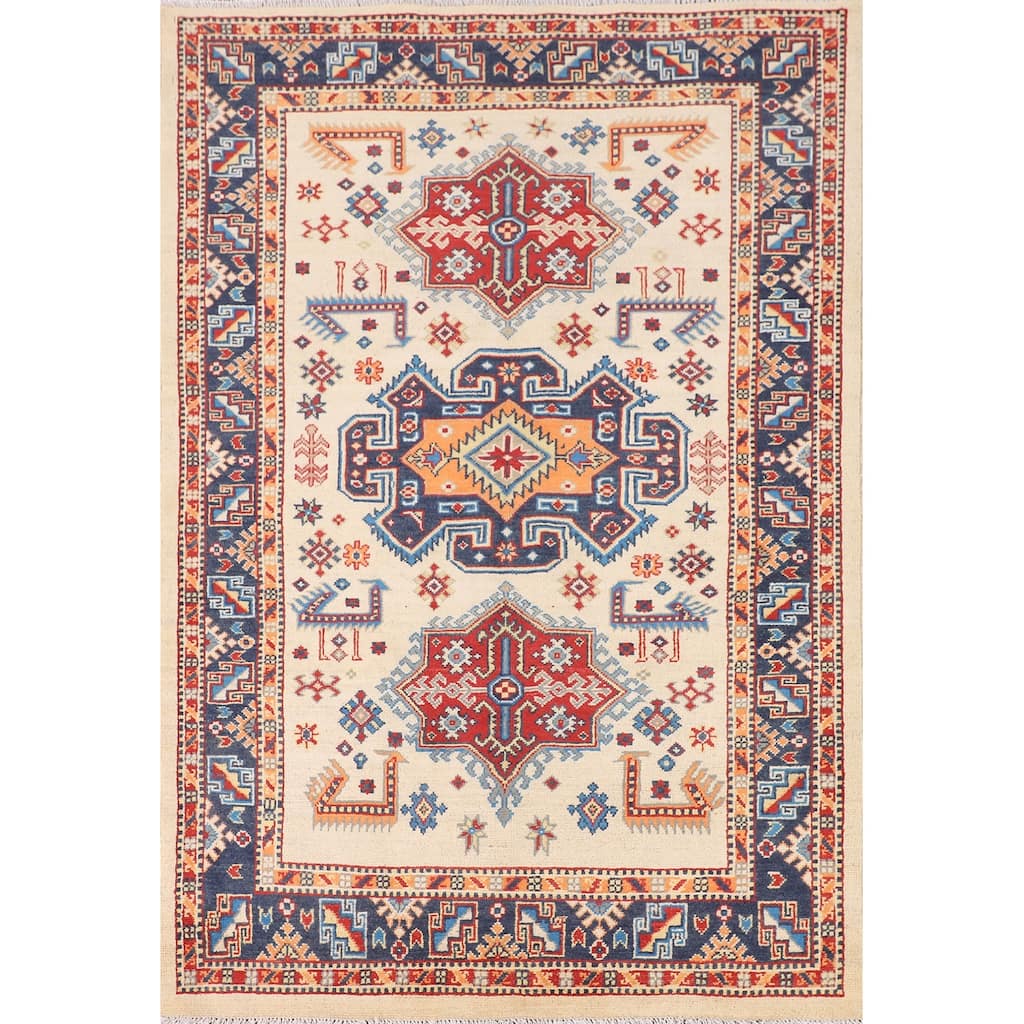 Beige / Ivory Geometric Kazak Oriental Rug Hand-Knotted Wool Carpet - 4'2" x 5'11"