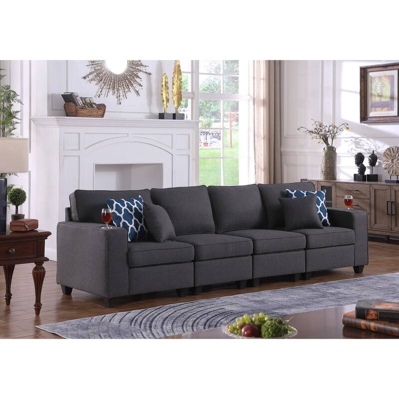 Linen Upholstered 4-Seater Sofa with 2 Cupholders in Dark Gray - Dark Gray/Brown